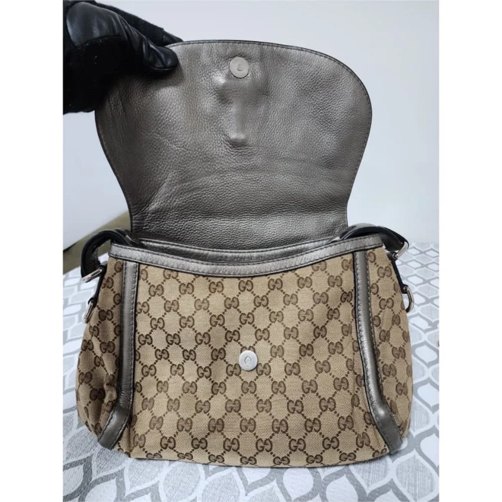 Authentic Gucci Medium GG Canvas Techno Horsebit Flap Hobo Bag Grey/Beige